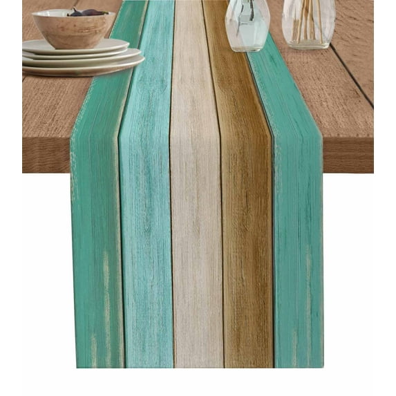 Table Runner Dresser Scarf 13 x 72 Inch Teal Green Brown Wood Grain Gradient Farmhouse Vintage Table Runners Non-Slip Heat Kitchen Dining Table Decor for Indoor Outdoor Home Party Decoration
