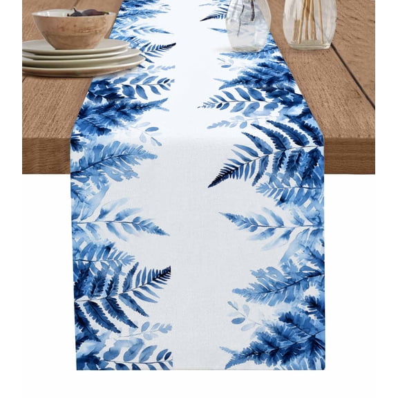 Table Runner Dresser Scarf 13 x 90 Inch Blue Palm Leaves Spring Tropical Plant Gradient Botanical Table Runners Non-Slip Heat Kitchen Dining Table Decor for Indoor Outdoor Home Party Decoration