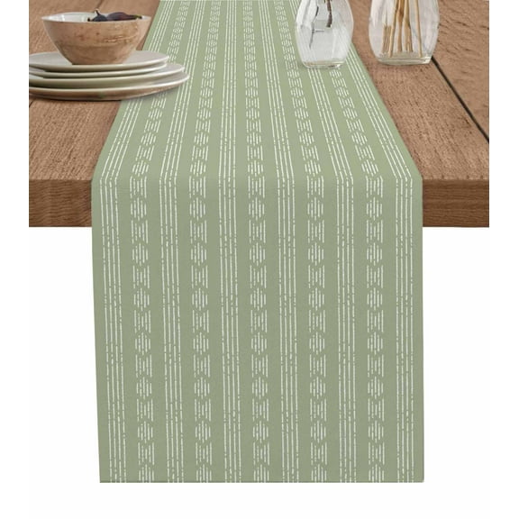 Table Runner Dresser Scarf 13 x 90 Inch Boho White Striped Farmhouse Style Sage Green Table Runners Non-Slip Heat Kitchen Dining Table Decor for Kitchen Farmhouse Indoor Outdoor Home Party