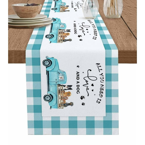 Table Runner Dresser Scarf 13 x 90 Inch And Dogs Retro Truck Teal Green Plaid Table Runners Non-Slip Heat Kitchen Dining Table Decor for Kitchen Farmhouse Indoor Outdoor Home Party
