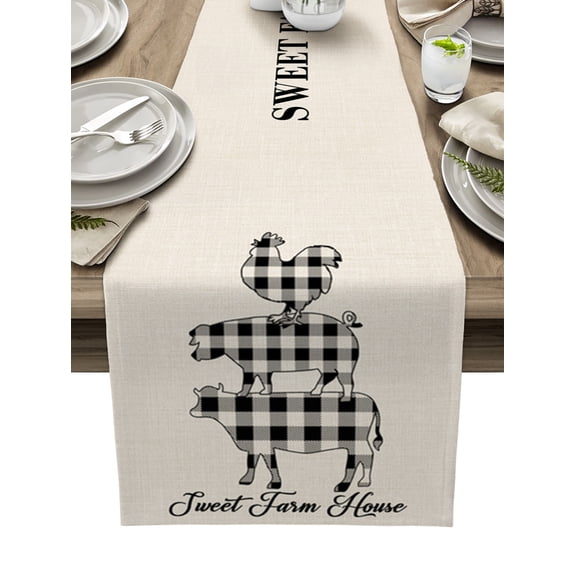 Table Runner Dresser Scarf 13 x 90 Inch Farm Animal Buffalo Plaid Cow Pig Chicken Burlap Background Table Runners Non-Slip Heat Kitchen Dining Table Decor for Indoor Outdoor Home Party Decoration