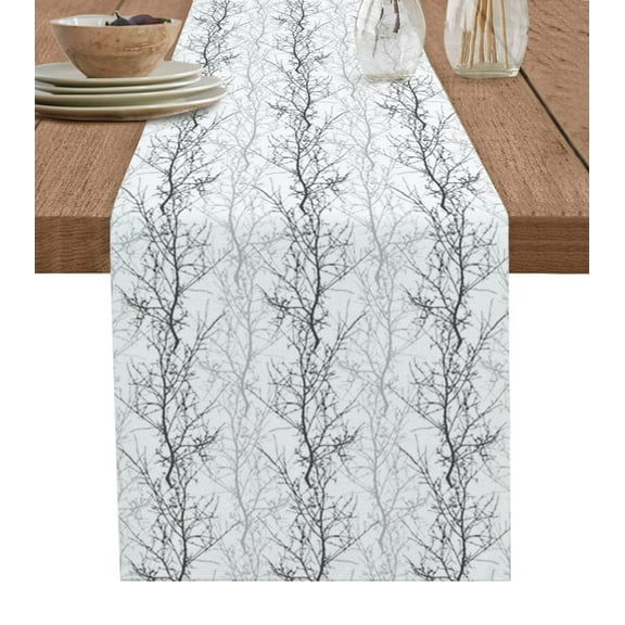 Table Runner Dresser Scarf 13 x 90 Inch Grey Tree Branch Table Runners Non-Slip Heat Kitchen Dining Table Decor for Indoor Outdoor Home Party Decoration