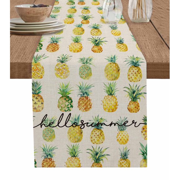 Table Runner Dresser Scarf 13 x 90 Inch Hello Summer Yellow Pineapple with Leaves Beige Table Runners Non-Slip Heat Kitchen Dining Table Decor for Indoor Outdoor Home Party Decoration