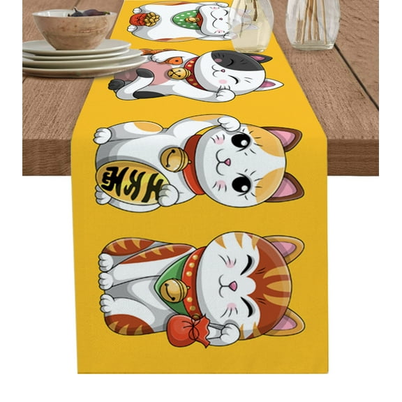 Table Runner Dresser Scarf 13 x 90 Inch Japanese Seven Fortune Lucky Cats Yellow Texture Table Runners Non-Slip Heat Kitchen Dining Table Decor for Kitchen Farmhouse Indoor Outdoor Home Party