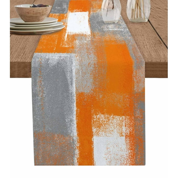 Table Runner Dresser Scarf 13 x 90 Inch Orange Grey Abstract Art Vintage Rustic Color Block Table Runners Non-Slip Heat Kitchen Dining Table Decor for Indoor Outdoor Home Party Decoration