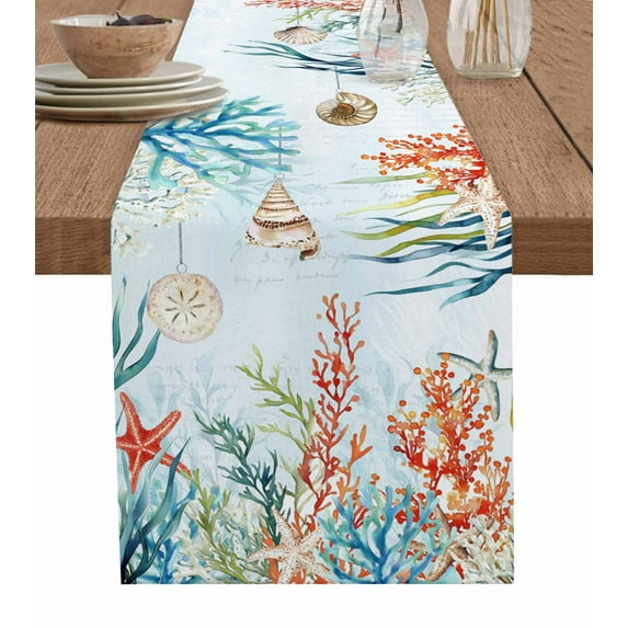 Table Runner Dresser Scarf 13 x 90 Inch Summer Coastal Coral Seaweed Shell Starfish Fish Retro Table Runners Non-Slip Heat Kitchen Dining Table Decor for Indoor Outdoor Home Party Decoration