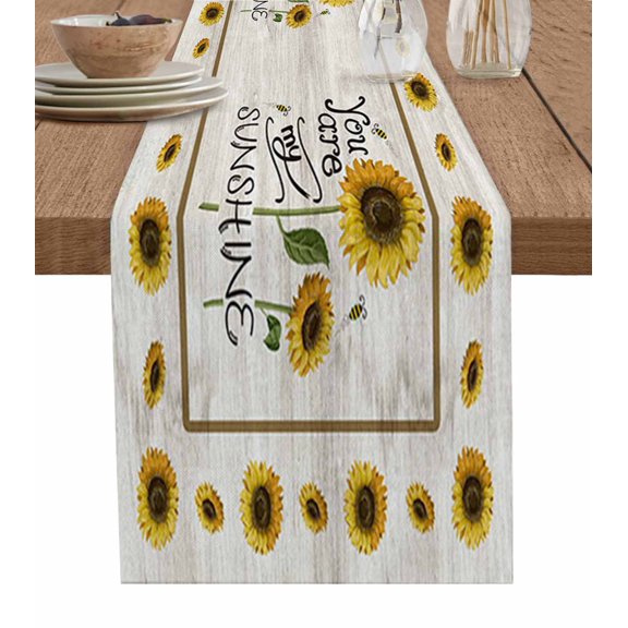 Table Runner Dresser Scarf 13 x 90 Inch Sunflower Bee, Rural Style Vintage Wood Texture Table Runners Non-Slip Heat Kitchen Dining Table Decor for Indoor Outdoor Home Party Decoration