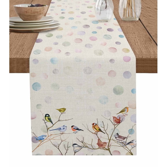 Table Runner Dresser Scarf 13 x 90 Inch Watercolor Red Green Birds in Branches Table Runners Non-Slip Heat Kitchen Dining Table Decor for Indoor Outdoor Home Party Decoration