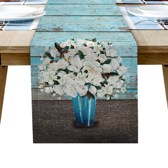Table Runner Dresser Scarf 13 x 90 Inch White Magnolia Rustic Blue Wooden Texture Table Runners Non-Slip Heat Kitchen Dining Table Decor for Kitchen Farmhouse Indoor Outdoor Home Party
