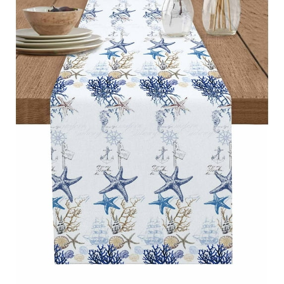 Table Runner Dresser Scarf 14 x 72 Inch Coastal Nautical Ocean Starfish Coral Shell Seahorse Table Runners Non-Slip Heat Kitchen Dining Table Decor for Indoor Outdoor Home Party Decoration