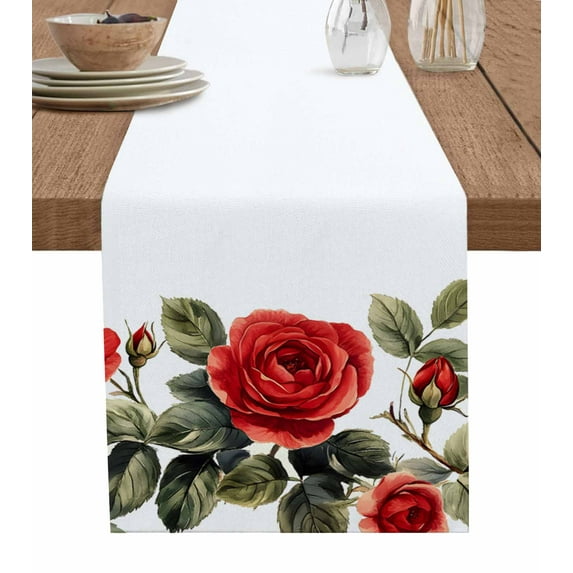 Table Runner Dresser Scarf 14 x 72 Inch Rose Leaf Flower Spring Floral Table Runners Non-Slip Heat Kitchen Dining Table Decor for Indoor Outdoor Home Party Decoration