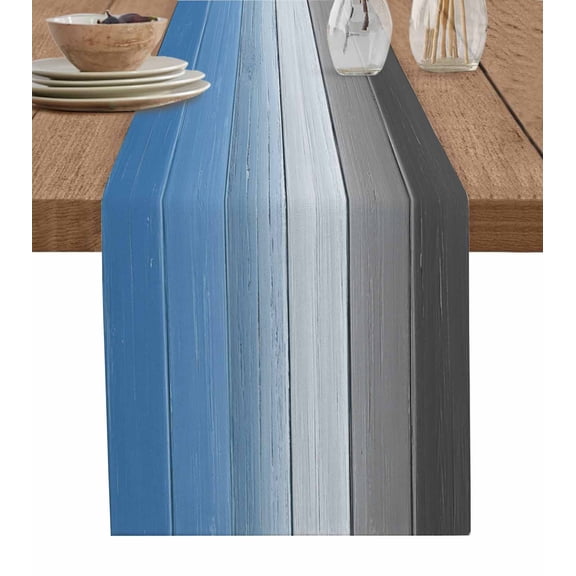 Table Runner Dresser Scarf 14 x 72 Inch Sky Blue Grey Gradient Wood Grain Farmhouse Retro Striped Table Runners Non-Slip Heat Kitchen Dining Table Decor for Indoor Outdoor Home Party Decoration