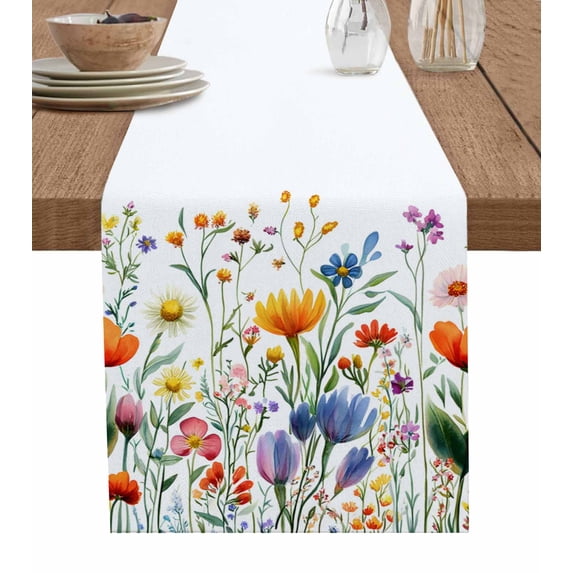 Table Runner Dresser Scarf 14 x 72 Inch Spring Farmhouse Floral Colorful Wildflower Green Botanical Table Runners Non-Slip Heat Kitchen Dining Table Decor for Indoor Outdoor Home Party Decoration