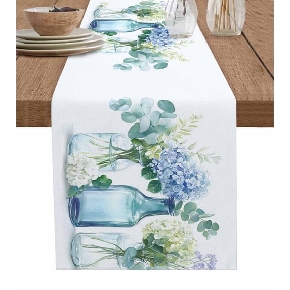 Table Runner Dresser Scarf 14 x 72 Inch Spring Floral Hydrangea Leaves Bottle Watercolor Illustration Table Runners Non-Slip Heat Kitchen Dining Table Decor for Indoor Outdoor Home Party Decoration