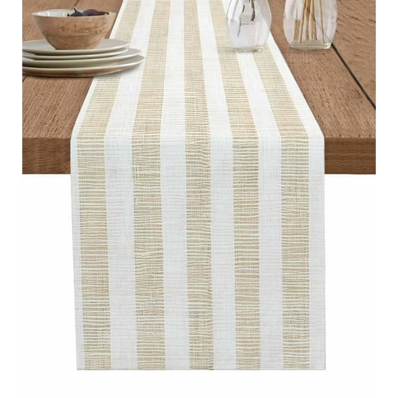Table Runner Dresser Scarf 14 x 72 Inch Vintage Linen Striped Beige Theme Farmhouse Table Runners Non-Slip Heat Kitchen Dining Table Decor for Indoor Outdoor Home Party Decoration