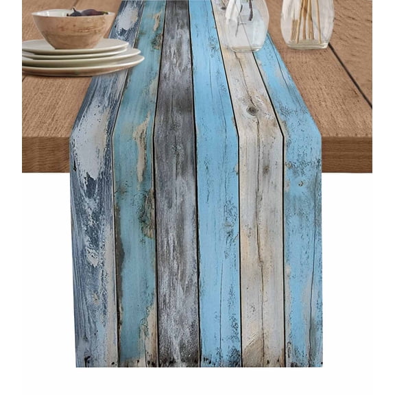 Table Runner Dresser Scarf 14 x 72 Inch Vintage Wood Grain Rustic Blue Gray Striped Board Table Runners Non-Slip Heat Kitchen Dining Table Decor for Indoor Outdoor Home Party Decoration