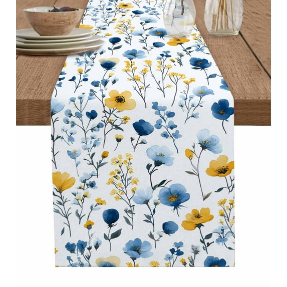 Table Runner Dresser Scarf 14 x 72 Inch Watercolor Blue and Yellow Flower Leaves Spring Plant Table Runners Non-Slip Heat Kitchen Dining Table Decor for Indoor Outdoor Home Party Decoration