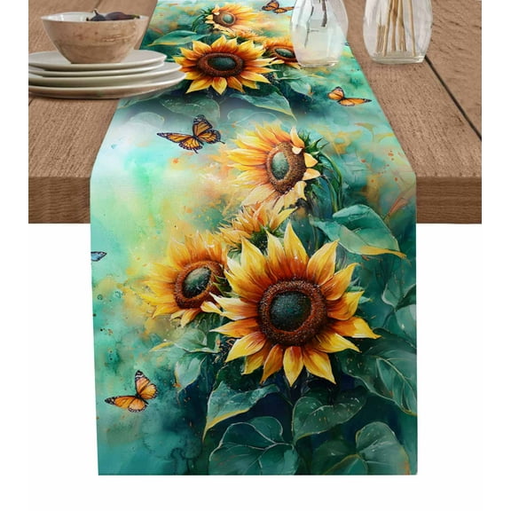 Table Runner Dresser Scarf 14 x 72 Inch Watercolor Sunflower Floral Butterfly Teal Green Leaf Table Runners Non-Slip Heat Kitchen Dining Table Decor for Indoor Outdoor Home Party Decoration