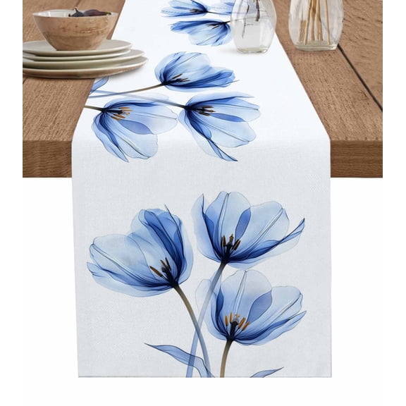 Table Runner Dresser Scarf 16 x 72 Inch Blue Tulip Abstract Flower Texture Pastoral Plant Botanical Table Runners Non-Slip Heat Resistant Kitchen Dining Table Decor for Indoor Outdoor