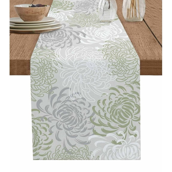 Table Runner Dresser Scarf 16 x 72 Inch Floral Pattern Outline White Green Chrysanthemum Graphic Table Runners Non-Slip Heat Kitchen Dining Table Decor for Indoor Outdoor Home Party Decoration