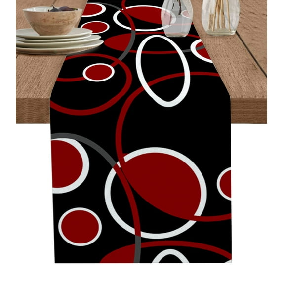 Table Runner Dresser Scarf 16 x 72 Inch Geometric Red and White Round Line Black Texture Table Runners Non-Slip Heat Kitchen Dining Table Decor for Kitchen Farmhouse Indoor Outdoor Home Party