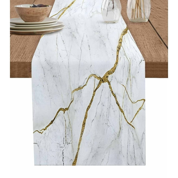 Table Runner Dresser Scarf 16 x 72 Inch Grey Gold Marble Gold Lines Abstract Art Modern Table Runners Non-Slip Heat Resistant Kitchen Dining Table Decor for Indoor Outdoor Home Party Decoration