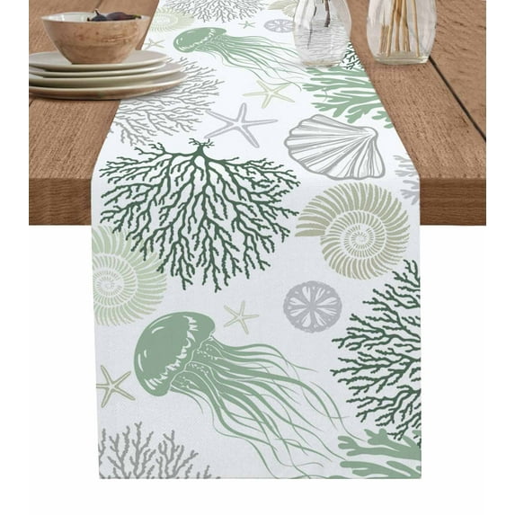 Table Runner Dresser Scarf 16 x 72 Inch Jellyfish Coral Starfish Seashell Summer Green Ocean Table Runners Non-Slip Heat Kitchen Dining Table Decor for Indoor Outdoor Home Party Decoration