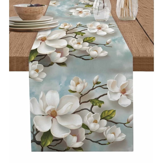 Table Runner Dresser Scarf 16 x 72 Inch Magnolia Farmhouse White Floral Vintage Pastoral Botanical Table Runners Non-Slip Heat Kitchen Dining Table Decor for Indoor Outdoor Home Party Decoration