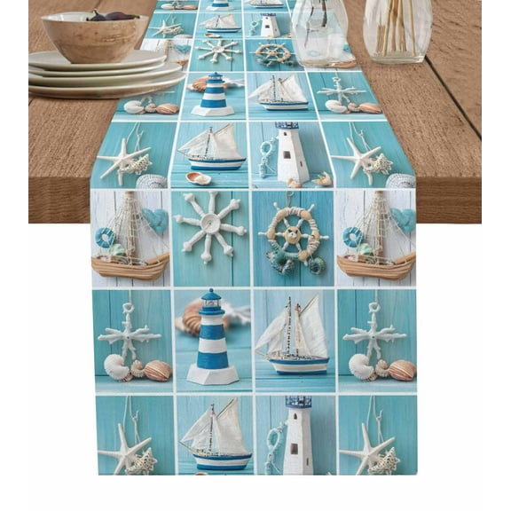 Table Runner Dresser Scarf 16 x 72 Inch Ocean Theme Lighthouse Sailboat Shell Wood Grain Teal Patchwork Table Runners Non-Slip Heat Kitchen Dining Table Decor for Indoor Outdoor Home Party Decoration