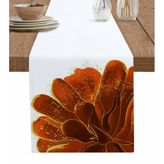 Table Runner Dresser Scarf 16 x 72 Inch Orange Gold Flower Orange Gradient Vintage Abstract Line Table Runners Non-Slip Heat Kitchen Dining Table Decor for Indoor Outdoor Home Party Decoration