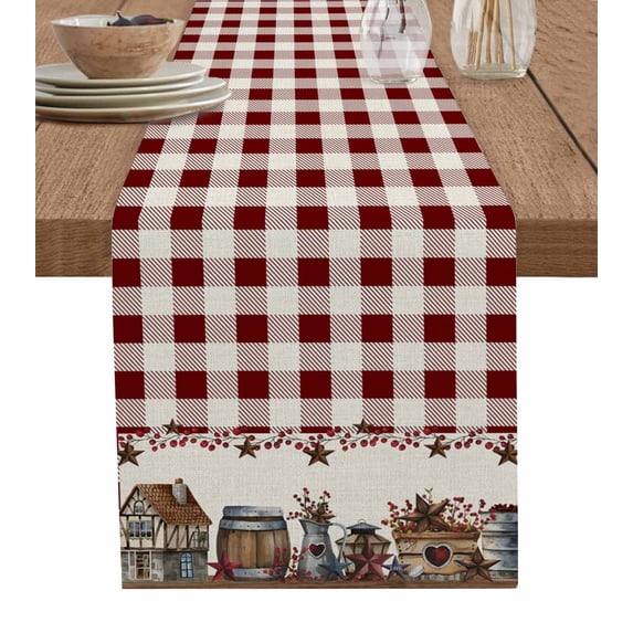 Table Runner Dresser Scarf 16 x 72 Inch Red Buffalo Plaid Country Star Barn Barrel Farmhouse Table Runners Non-Slip Heat Kitchen Dining Table Decor for Indoor Outdoor Home Party Decoration