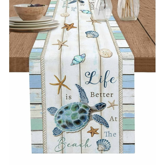 Table Runner Dresser Scarf 16 x 72 Inch Sea Turtle Ocean Starfish Shell Wood Grain Rope Table Runners Non-Slip Heat Kitchen Dining Table Decor for Indoor Outdoor Home Party Decoration