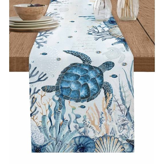 Table Runner Dresser Scarf 16 x 72 Inch Summer Sea Turtle Ocean Coral Seaweed Starfish Conch Vintage Table Runners Non-Slip Heat Kitchen Dining Table Decor for Indoor Outdoor Home Party Decoration