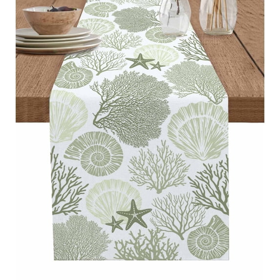 Table Runner Dresser Scarf 18 x 72 Inch Coral Sea Snail Starfish Green White Costal Pattern Table Runners Non-Slip Heat Kitchen Dining Table Decor for Indoor Outdoor Home Party Decoration