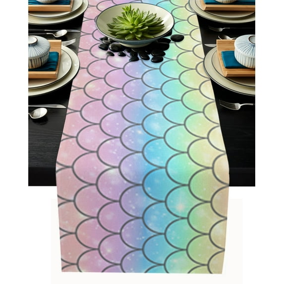Table Runner Dresser Scarf 18 x 72 Inch Mermaid Scales Rainbow Color Table Runners Non-Slip Heat Kitchen Dining Table Decor for Kitchen Farmhouse Indoor Outdoor Home Party