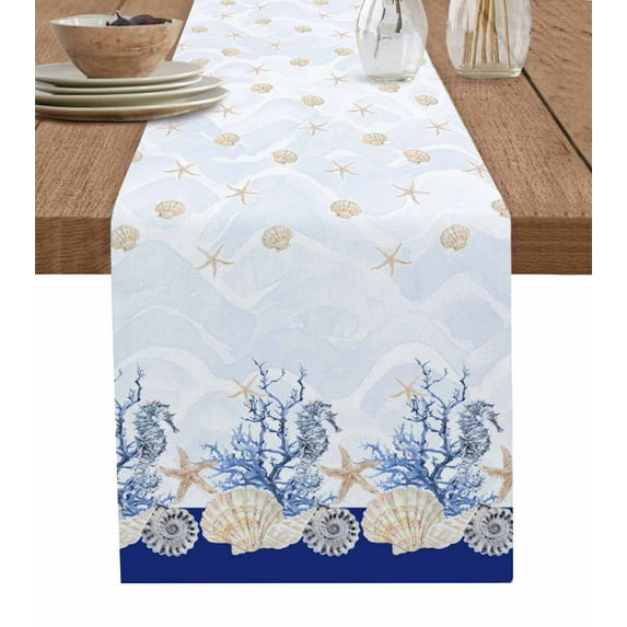 Table Runner Dresser Scarf 18 x 72 Inch Seahorse Coral Shell Starfish Ocean Wave Blue Table Runners Non-Slip Heat Kitchen Dining Table Decor for Indoor Outdoor Home Party Decoration