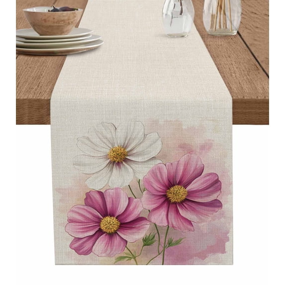 Table Runner Dresser Scarf 18 x 72 Inch Spring Cosmos Pink Flower Linen Background Table Runners Non-Slip Heat Kitchen Dining Table Decor for Indoor Outdoor Home Party Decoration