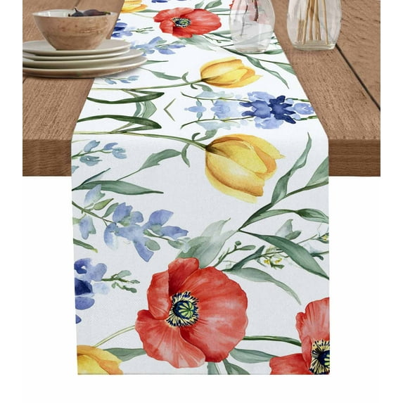 Table Runner Dresser Scarf 18 x 72 Inch Spring Floral Watercolor Red Poppy Blue Yellow Flower Table Runners Non-Slip Heat Kitchen Dining Table Decor for Indoor Outdoor Home Party Decoration