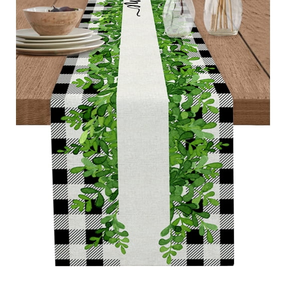Table Runner Dresser Scarf 18 x 72 Inch Summer Watercolor Welcome Green Leaves Black Plaid Table Runners Non-Slip Heat Kitchen Dining Table Decor for Indoor Outdoor Home Party Decoration