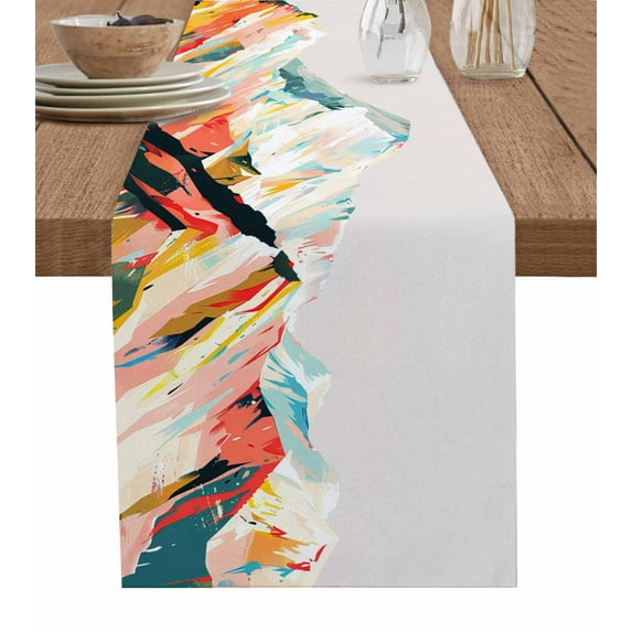 Table Runner Dresser Scarves 108 Inch Long,Abstract Colorful Natural Scene Mountain Linen Dining Table Runners Modern Watercolor Snow Hill Tabletop Scarf for Wedding Holiday Party Kitchen