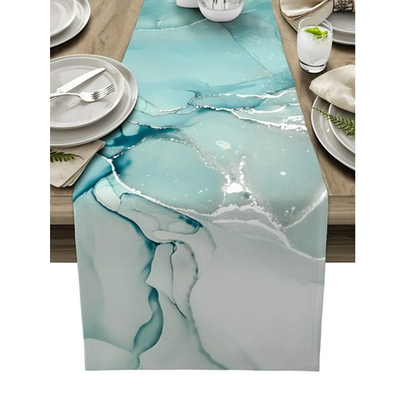 Table Runner Dresser Scarves 108 Inch Long, Abstract Marble Linen Dining Table Runners Blue Green Jade Texture Purple and Gold Line Tabletop Scarf for Wedding Holiday Party Kitchen