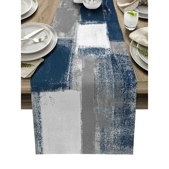 Table Runner Dresser Scarves 108 Inch Long, Blue Gray White Color Blocks Linen Dining Table Runners Modern Abstract Oil Painting Texture Tabletop Scarf for Wedding Holiday Party Kitchen