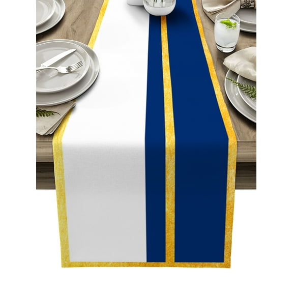 Table Runner Dresser Scarves 108 Inch Long, Blue White Block and Gold Yellow Lines Linen Dining Table Runners Modern Minimalist Art Tabletop Scarf for Wedding Holiday Party Kitchen