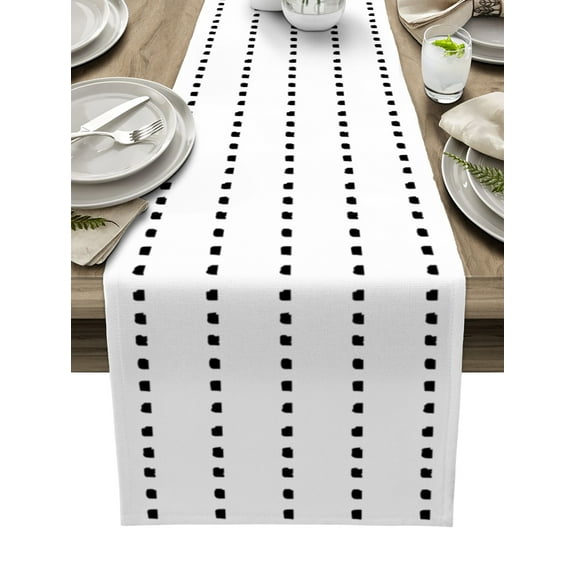 Table Runner Dresser Scarves 108 Inch Long, Boho Black Geometric Dots on White Linen Dining Table Runners Modern Simplistic Style Tabletop Scarf for Wedding Holiday Party Kitchen