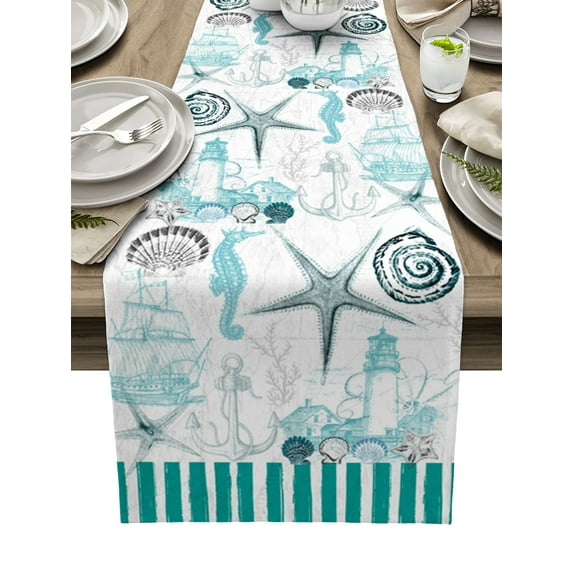 Table Runner Dresser Scarves 108 Inch Long, Coastal Starfish Seahorse Anchor Lighthouse Linen Dining Table Runners Teal Vintage Nautical Tabletop Scarf for Wedding Holiday Party Kitchen