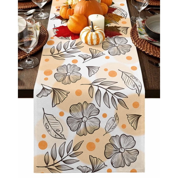 Table Runner Dresser Scarves 108 Inch Long,Fall Botanical Flower Leaves Sketch Linen Dining Table Runners Ginkgo on Orange Circle Polka Dot Tabletop Scarf for Wedding Holiday Party Kitchen