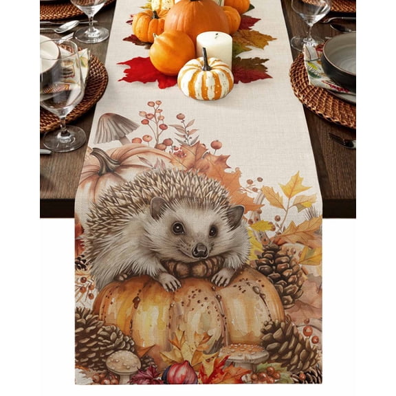 Table Runner Dresser Scarves 108 Inch Long,Fall Thanksgiving Pumpkin Hedgehog Linen Dining Table Runners Pine Cone Maple Leaves on Flax Tabletop Scarf for Wedding Holiday Party Kitchen