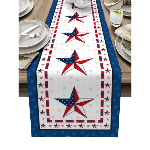 Table Runner Dresser Scarves 108 Inch Long, Flag Day Red Blue Patriotic Star on White Linen Dining Table Runners Freedom Independence Celebration Tabletop Scarf for Wedding Holiday Party Kitchen