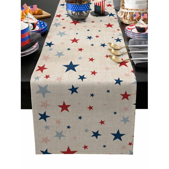 Table Runner Dresser Scarves 108 Inch Long,Flag Day Red and Blue Stars on Burlap Linen Dining Table Runners American Freedom Celebration Tabletop Scarf for Wedding Holiday Party Kitchen