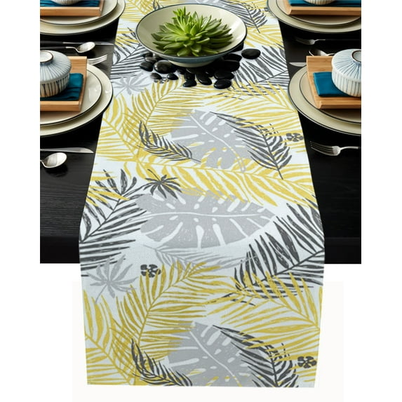 Table Runner Dresser Scarves 108 Inch Long, Gold Grey Palm and Banana Leaves Linen Dining Table Runners Tropical Botanical Foliage Sketch Tabletop Scarf for Wedding Holiday Party Kitchen